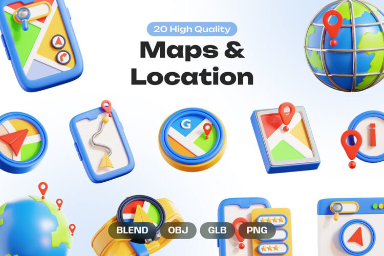 Maps & Location 3D Icons 20款创意地图和位置3D立体png免抠icon图标插画设计素材