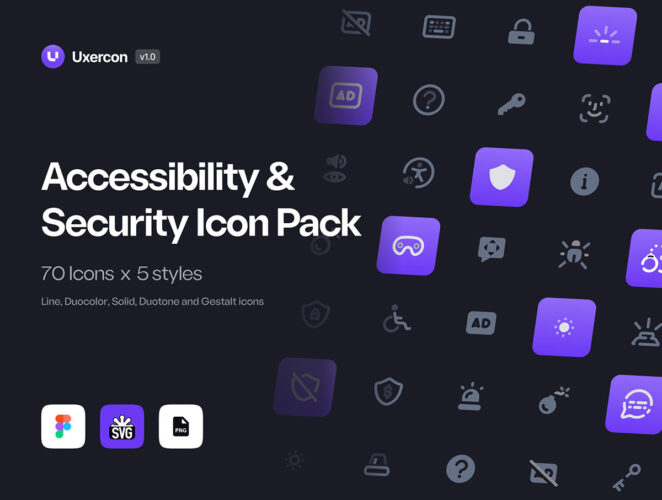 Accessibility & Security – Uxercon Icon Pack 70个可访问性和安全性线性面性结合小图标icon矢量设计素材