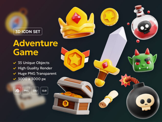 Adventure Game 3D Icon Pack Blend 35款游戏道具3D图标icon设计素材png免抠图片