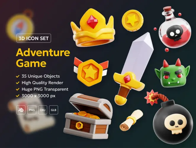 Adventure Game 3D Icon Pack Blend 35款游戏道具3D图标icon设计素材webp免抠图片