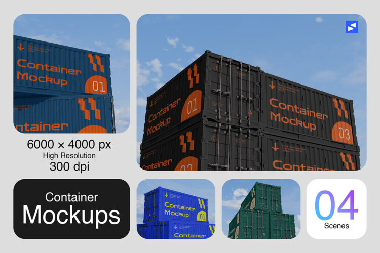 Container Mockup 4款出口运输集装箱模型品牌logo标识设计贴图ps样机素材模板