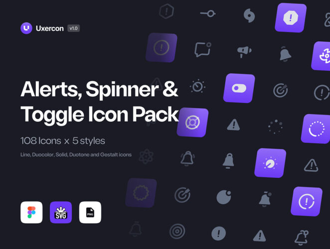 Alert Spinner & Toggle – Uxercon Icon Pack 108个警报旋转器和切换图标5种样式（线条、双色、实心、双色调、格式塔）