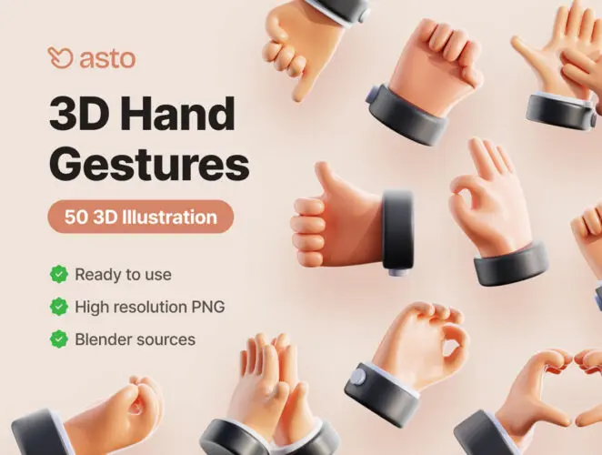 Asto – Hand Gestures 3D Icons figma 50款3D卡通手指手势控制操作指令动作手语图标webp免抠图片素材