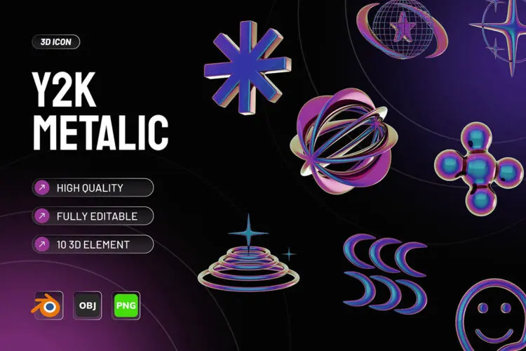 Y2K 3D Icon 全息金属科幻未来3D图标icon设计素材百度云免费下载