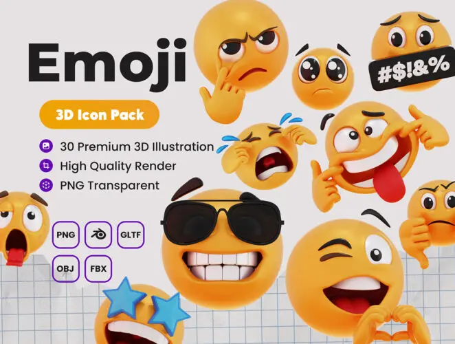 3D Illustration Emoji 30款3D趣味卡通搞怪emoji社交聊天笑脸表情包图标webp免抠图片素材