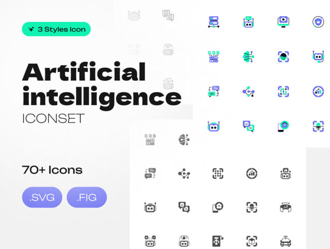 Artificial intelligence Icons Set 75款AI人工智能机器人芯片算法神经网络数据icon图标fig矢量素材