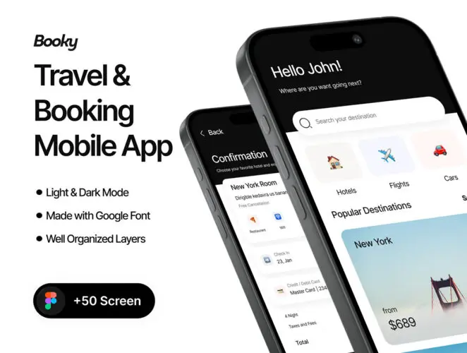 Booky – Travel & Booking App 双配色旅行酒店机票行程计划预订旅游App应用ui用户界面设计模板