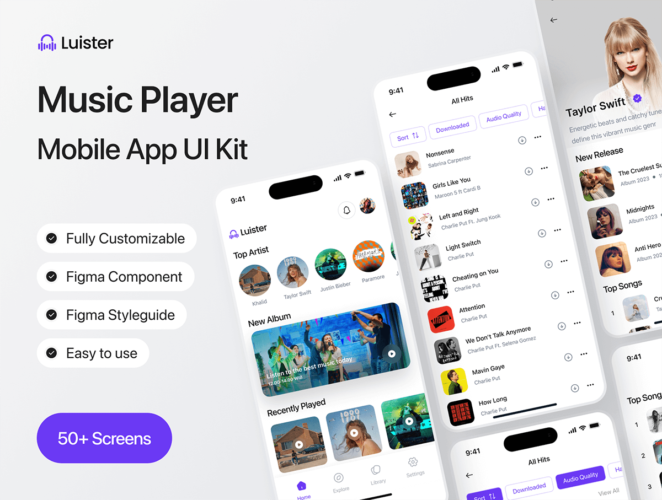 Luister – Music Player Mobile App UI Kit  50屏音乐音频播放器移动应用app设计用户界面ui套件模板