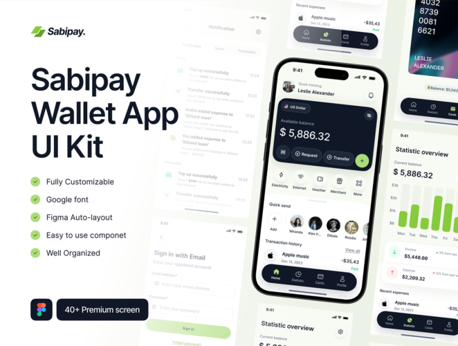 Sabipay – E-wallet UI Kit 通用时尚简约金融电子钱包支付投资理财App应用ui界面fig设计素材