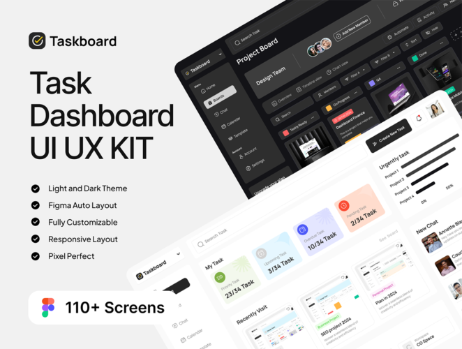 Taskboard – Task Dashboard UI UX KIT 双配色专业任务计划效率日程进度App网页后台管理ui界面设计模板