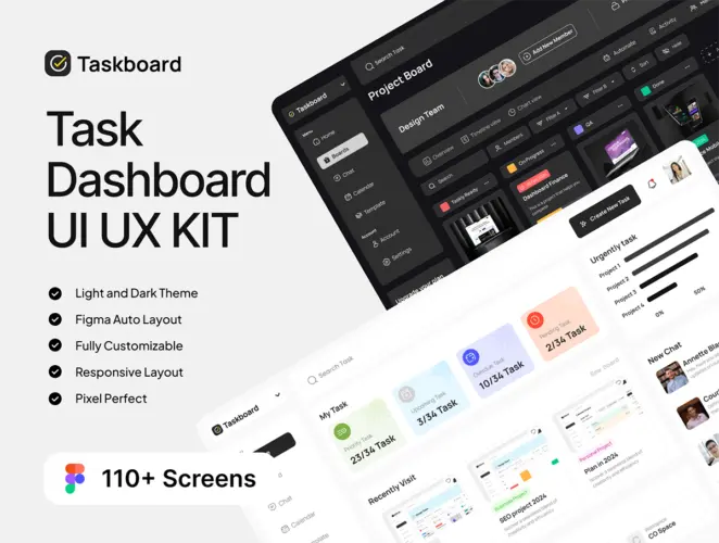 Taskboard – Task Dashboard UI UX KIT 双配色专业任务计划效率日程进度App网页后台管理ui界面设计模板