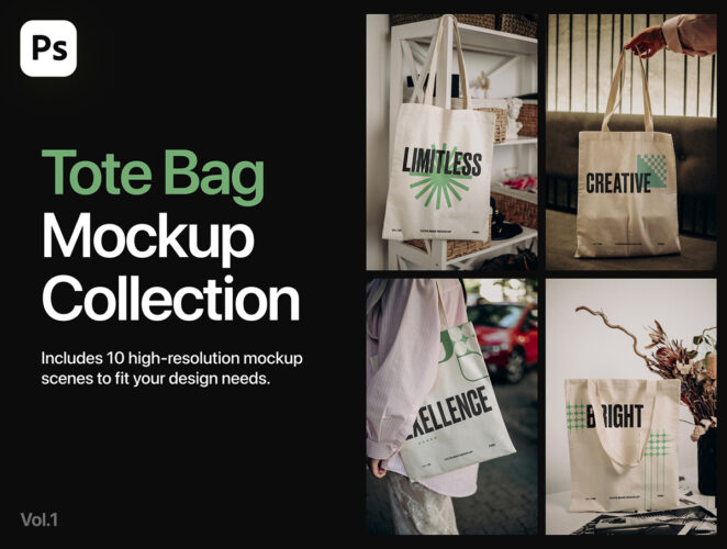 Tote Bag Mockup Collection 10款文创手提袋托特包单肩环保购物拎袋设计ps样机素材展示效果图