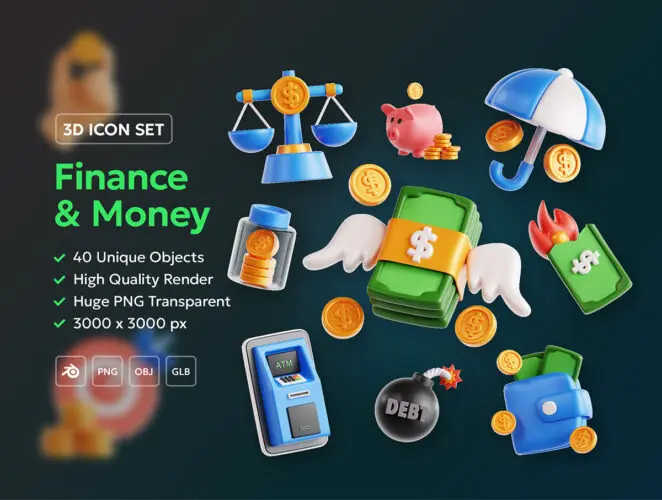 Money & Finance 3D Icon Pack 40款时尚卡通3D立体金融货币储蓄消费icon图标webp免抠图片素材