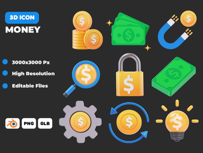 Money 3D Illustration Pack 20款高清金融钱币金币3D图标icon素材png免抠图文件