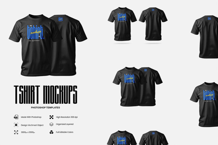 T-Shirt Mockups 5款黑色圆领短袖休闲体恤衫模型品牌logo标识设计贴图ps服饰样机素材