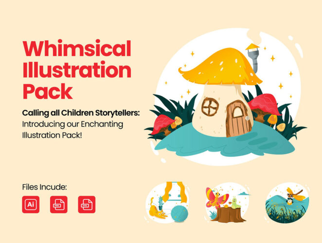 Whimsical Illustration Pack 10幅儿童书籍幼儿教育童话故事手绘插图插画矢量设计素材