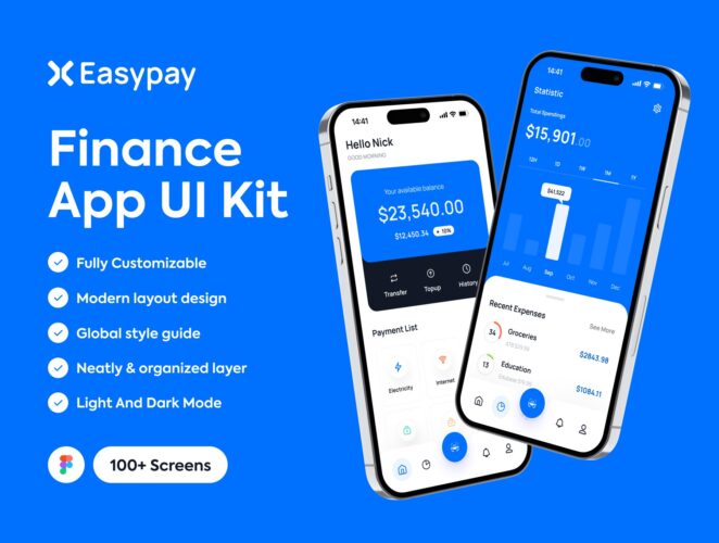 Easypay – Finance App UI Kits 100多屏银行金融账务财务管理app界面设计蓝色ui套件模板