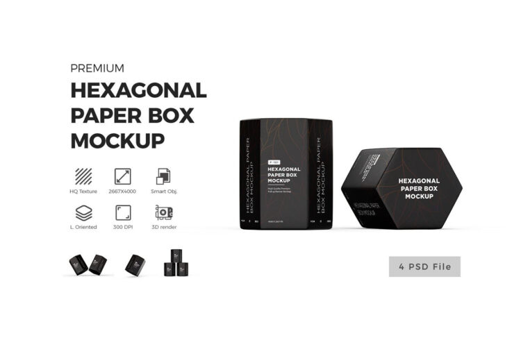 Hexagonal Paper Packaging Box Mockup 4款六角形食品零食包装茶叶罐模型品牌logo标识设计贴图ps样机素材