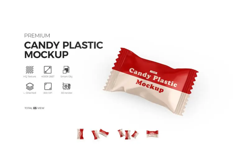 Candy Plastic Pack Mockup 5款糖果巧克力塑料包装模型品牌logo标识设计贴图ps样机素材