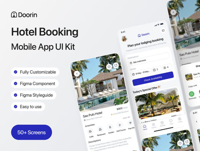 Doorin – Hotel Booking Mobile App UI Kit  50屏旅游度假酒店介绍预订app界面UI设计素材