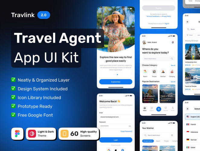 TRAVLINK – Tour & Travel Booking App UI Kit  60屏高质量旅游预订应用程序 UI 套件