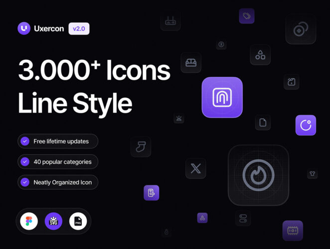 3000+ Line Icon Styles | Uxercon Icon Library v2.0 3000款40个类别网站App网页小程序圆角线性icon行业图标素材合集