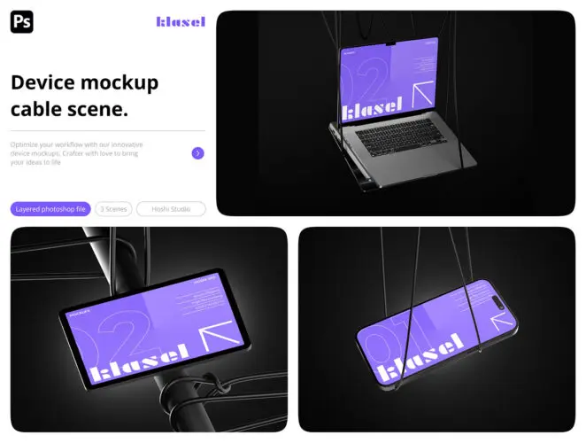 Klasel – Device Mockup Cable Scene 苹果智能设备app网页界面ui设计贴图ps样机素材场景展示效果模板