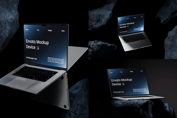 Macbook Mockup Blue Stone 3款现代工业风青色岩石MacBook笔记本电脑UI界面APP屏幕设计展示PSD样机