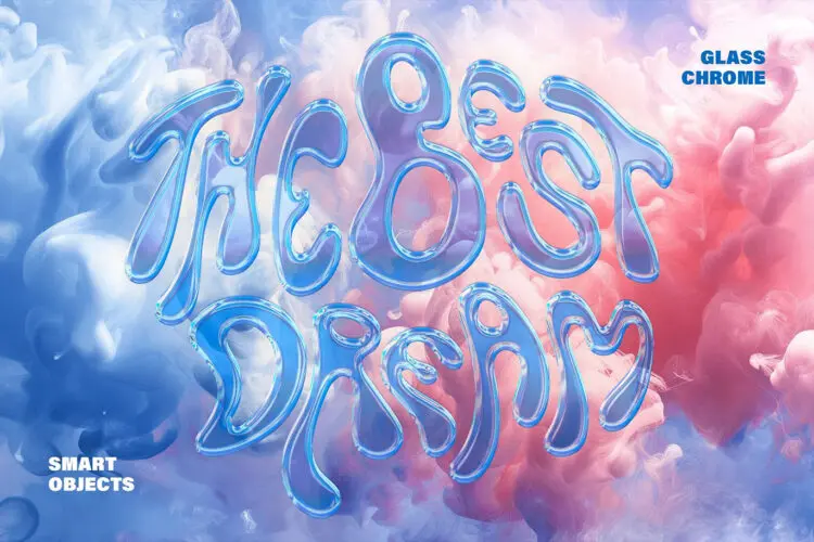 Glass Chrome Effect 4款3D迷幻Y2K透明玻璃镀铬文本标题logo徽标设计展示PSD特效样机