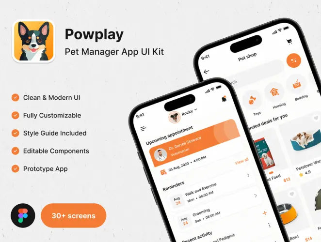 Powplay – Pet Manager App UI Kit 在线宠物交易电商ui套件移动宠物商店手机app用户界面设计素材下载