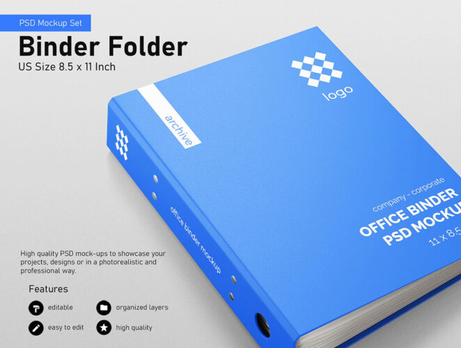 Binder Folder PSD Mockup Set – US Size 8.5×11 Inch 7个高质量活页文件夹资料册 PSD 模型文具样机素材展示模板