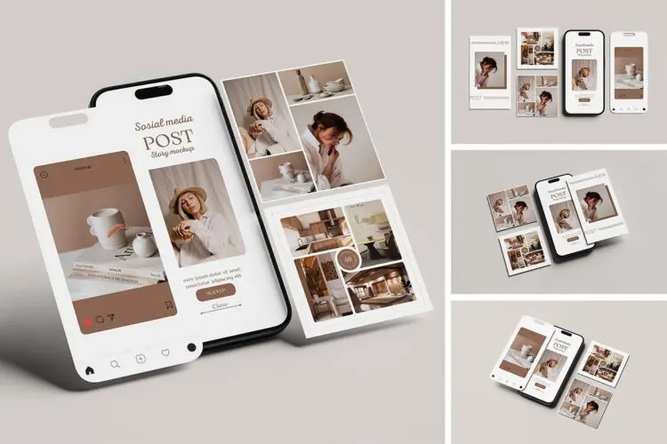 Social Media Post Mockup 4款社交媒体App广告帖子手机模型ui展示设计贴图ps样机素材