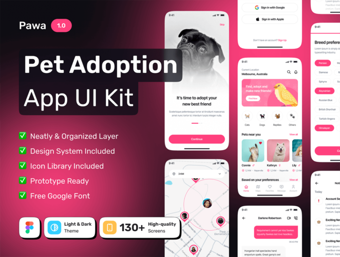 Pawa – Pet Adoption Mobile App UI Kit 130屏宠物领养移动应用程序 UI 套件