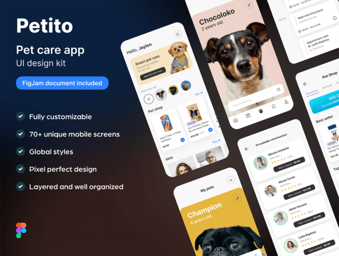 Petito Pet Care App UI Design Kit 70多屏宠物护理应用程序 UI 设计套件