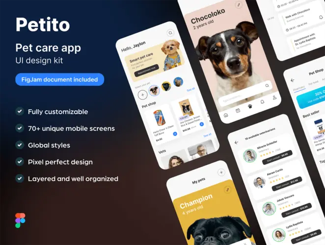 Petito Pet Care App UI Design Kit 70多屏宠物护理应用程序 UI 设计套件