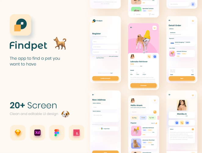 Findpet – Pet Finder UI KIT 在线宠物交易电商ui套件_移动宠物商店手机app用户界面设计素材下载