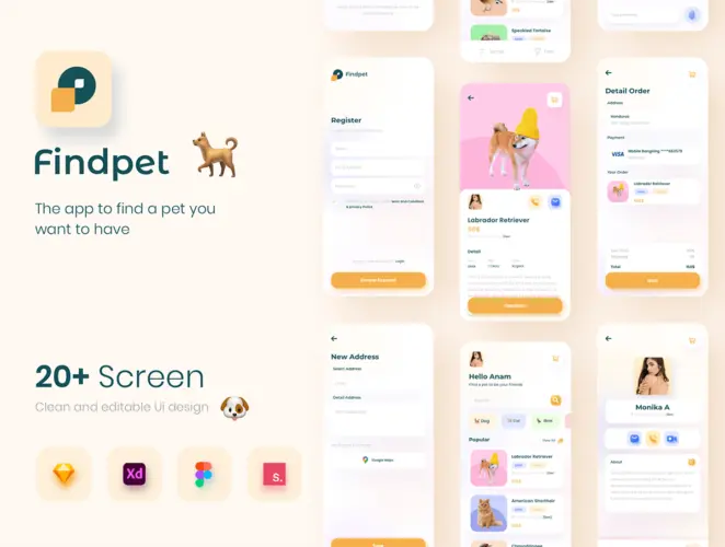 Findpet – Pet Finder UI KIT 在线宠物交易电商ui套件_移动宠物商店手机app用户界面设计素材下载