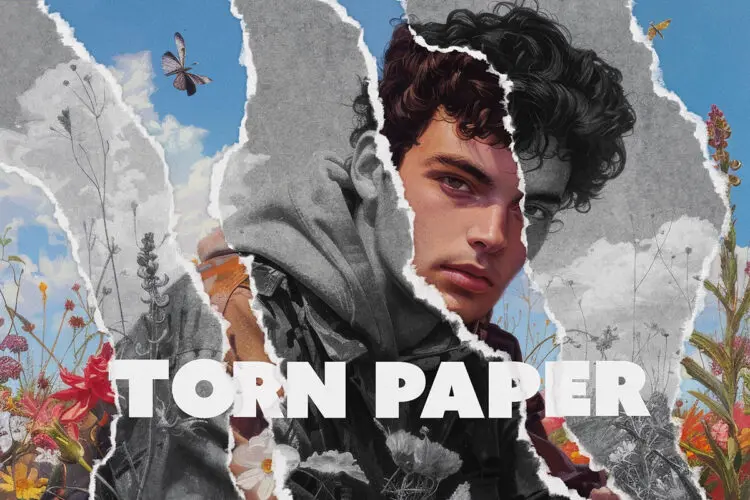 Mixed Torn Paper Photo Effect 照片图像黑白撕纸拼贴ps特效样机素材预制模板