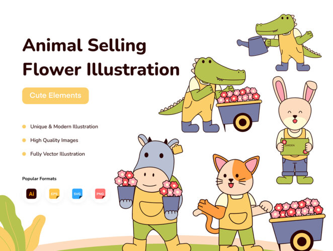 Animal Selling Flowers Illustration 12幅卖花的动物手绘插图插画矢量素材