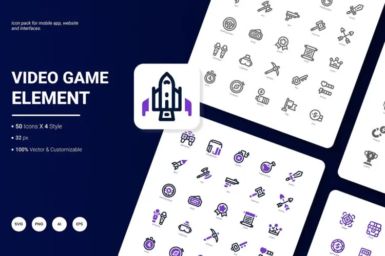 Video Game Element Icon Pack 200个视频游戏元素矢量图标icon设计素材webp免抠图片