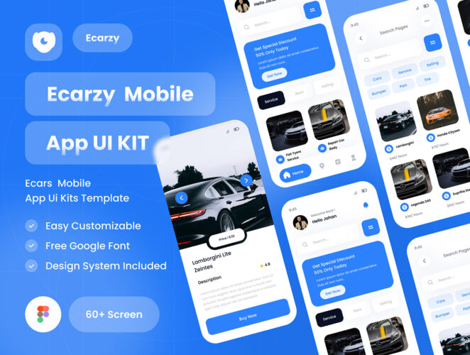 Ecarzy – Car Marketplace Modern App UI Kit  60屏汽车二手车市场交易平台用户界面明暗主题app设计ui套件模板