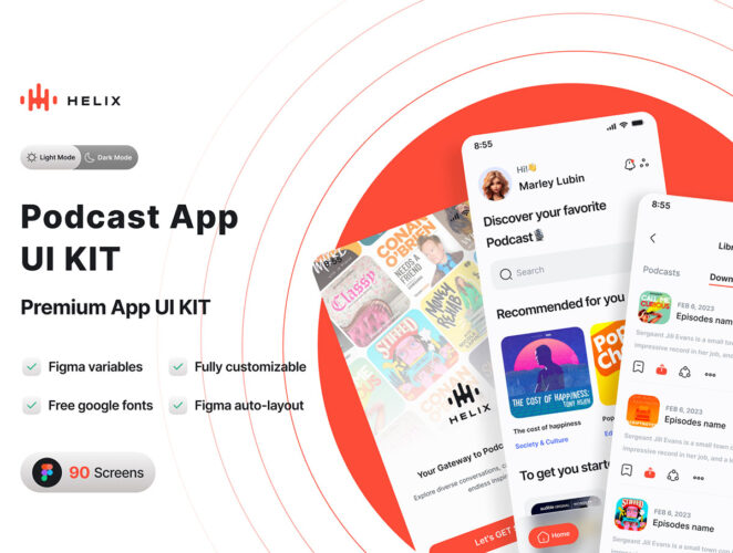 HELIX – Podcast App UI Kit 90屏国外移动播客主播直播应用社交app界面设计紫色ui套件模板