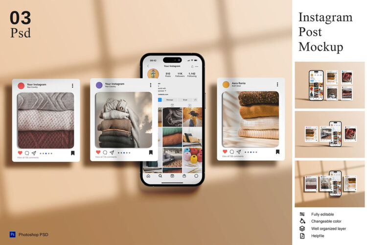 Instagram Post Mockup iPhone手机App界面ins公众号推文设计作品贴图ps样机展示效果图