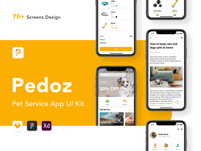 Pedoz – Pet Service App UI Kit 70屏宠物服务应用程序 UI 套件Sketch、Figma 和 Adob​​e XD