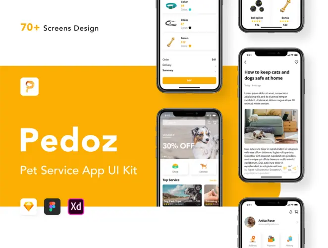 Pedoz – Pet Service App UI Kit 70屏宠物服务应用程序 UI 套件Sketch、Figma 和 Adob​​e XD