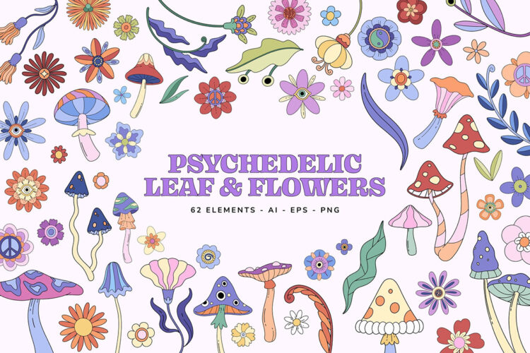 Psychedelic Leaf and Flowers Collection 复古手绘梦幻植物叶子菌菇花朵元素Ai矢量png设计素材