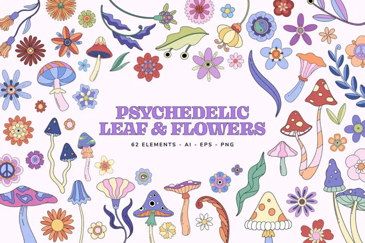 Psychedelic Leaf and Flowers Collection 复古手绘梦幻植物叶子菌菇花朵元素Ai矢量webp设计素材