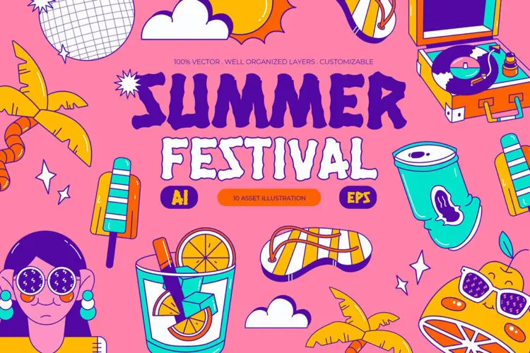 Pink Summer Festival Asset Illustration 夏季节日派对手绘卡通包装插图插画AI矢量设计素材