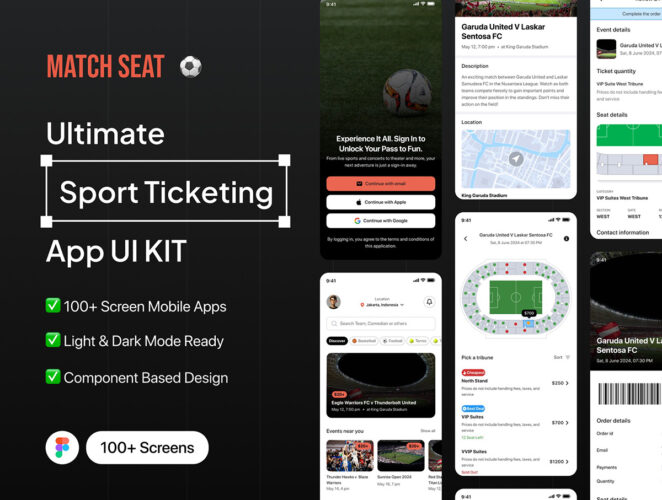 MatchSeat – Ultimate Sport Ticketing App UI KIT 100+屏双配色篮球足球体育赛事门票在线预订app ui界面设计figma模板套件