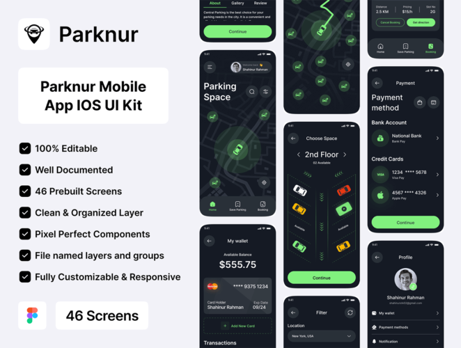 Parknur – Parking Mobile App UI Kit 共享停车场导航车辆定位app移动手机界面ui设计